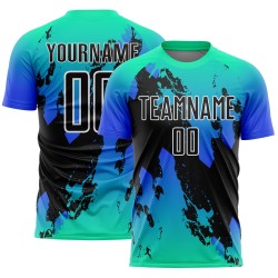 Aangepast Aqua Zwart-Donderblauw Splash Sublimatie Voetbaltenue Jersey