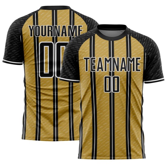 Op maat gemaakt zwart oud goud-wit lijn sublimatie voetbaltenue shirt Op maat gemaakt zwart oud goud-wit lijn sublimatie voetbaltenue shirt