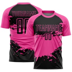 Aangepast zwart roze-wit sublimatie voetbaltenue shirt
