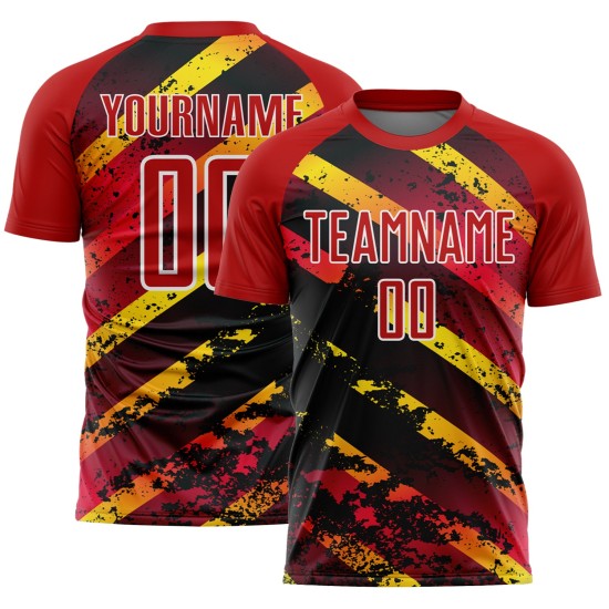 Aangepast rood goud-zwart spatten sublimatie voetbaltenue shirt Aangepast rood goud-zwart spatten sublimatie voetbaltenue shirt