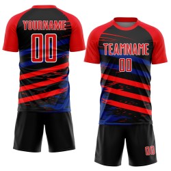 Op maat gemaakt Fire Red Royal-Black Line sublimatie voetbaltenue shirt