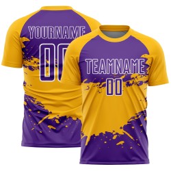 Aangepast paars goud-wit spatten sublimatie voetbaltenue shirt