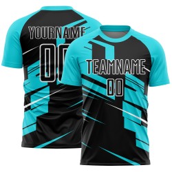 Op maat gemaakt Black Lakes blauw-wit sublimatie voetbaltenue shirt