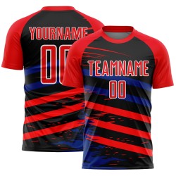 Op maat gemaakt Fire Red Royal-Black Line sublimatie voetbaltenue shirt