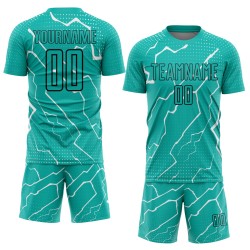 Aangepast Aqua Zwart-Wit Bliksem Sublimatie Voetbaltenue Jersey